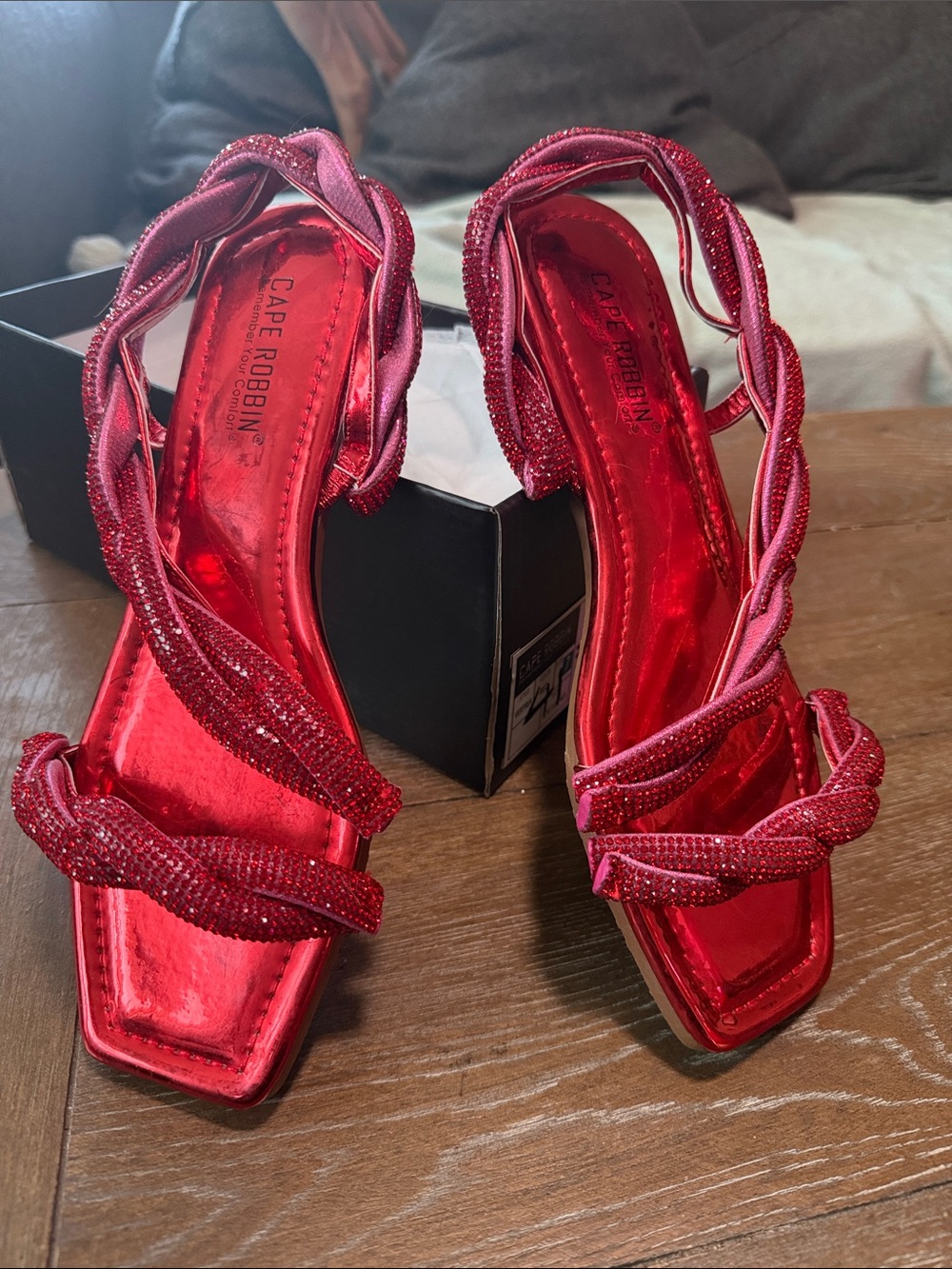 Cape Robbin Shiny Red Braided Crystal Slingback Heels
